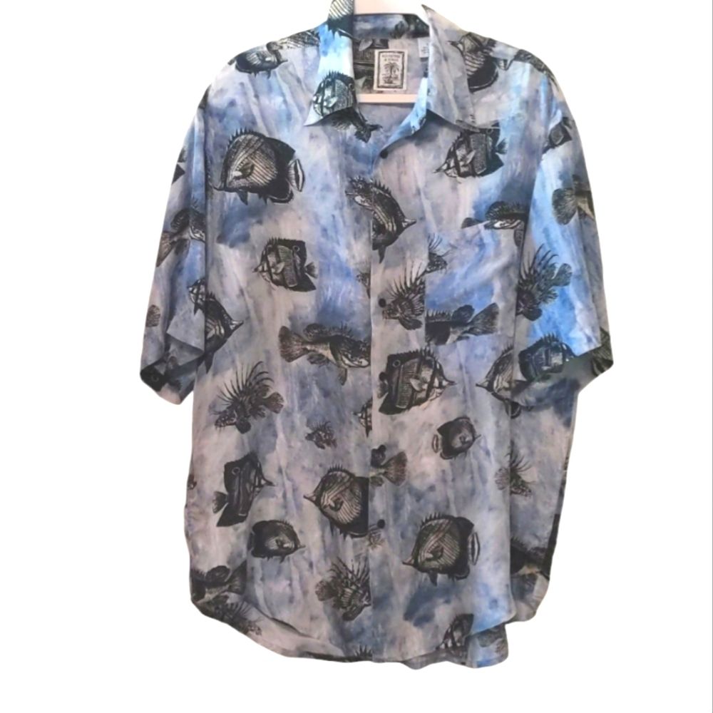 Men's Silk Button Shirt Tropic Fish Beach Ocean Cruise Resort Large